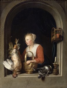 Den nederlandske husmoren eller kvinnen som henger en hane i vinduet, 1650