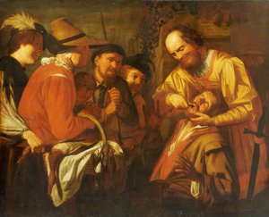 En kvakksalver tannlege trekker ut en tann, mens en gruppe tilskuere ser på i nærheten av Gerrit van Honthorst