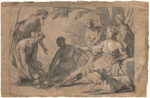 Diana og fire nymfer mottar gaver fra en satyr av Gerrit van Honthorst