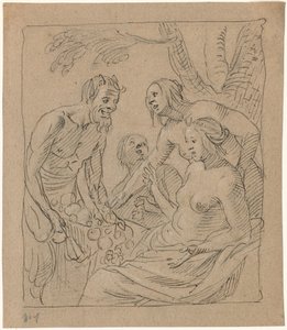 Diana og to nymfer mottar gaver fra en satyr (recto) av Gerrit van Honthorst
