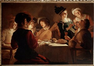 Middag med lutspiller. (Maleri av Gerrit van Honthorst
