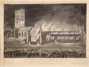 East, South & Cross Churches, Dundee, slik de dukket opp i brann søndag 3. januar 1841, ca. 1841 (radering)