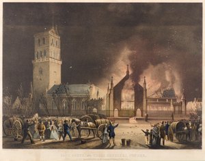 East, South og Cross Churches, Dundee, slik de dukket opp i brann søndag 3. januar 1841, ca. 1841 (litografi)