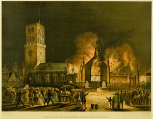 East, South og Cross Churches, Dundee [som de dukket opp i brann om morgenen søndag 3. januar 1841] (etter George McGillivray), ca. 1841 (litografi)