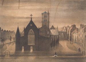 Moonlight View of East and Cross Churches, Dundee slik de dukket opp etter brannen den 3. januar, ca. 1841 (litografi)