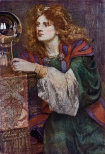 Britomart espies the Mirror (farge litho) av Gertrude E. Demain (after) Hammond