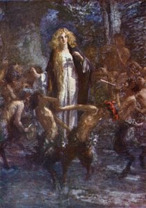 "Satyrene danset rundt henne i glede" (farge litho)