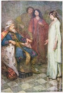 Nothing my Lord, illustrasjon fra "King Lear" i "Stories from Shakespeare: Retold by Thomas Carter" publisert ca. 1910 (litho i farger) av Gertrude E. Demain Hammond