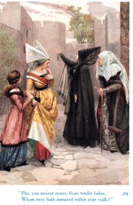 «Synd, dere eldgamle steiner, de ømme babes, som misunnelse har smyget seg innenfor murene deres!», illustrasjon fra «Shakespeares historier om de engelske kongene», utgitt av George Harrap & Son