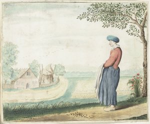 Bondekvinne i et landskap av Gesina ter Borch (signed by artist)