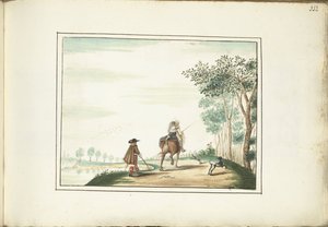 Herre og dame til hest og en fotgjenger i et landskap av Gesina ter Borch (signed by artist)