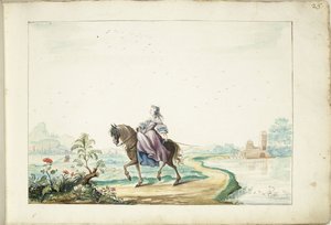 Kvinne til hest i et landskap
