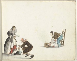 Lord strammer en dames sko og en kvinne setter fyr i en komfyr av Gesina ter Borch