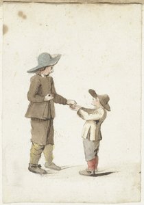 Gutt gir et eple til en yngre gutt av Gesina ter Borch