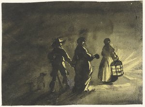 Nattstykke: par som går bak en kvinne med en lykt, bakfra