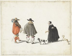 Kvinne i svart, akkompagnert av to hunder, snakker med to herrer av Gesina ter Borch