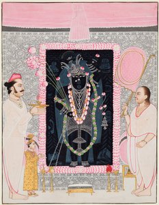 Overpresten Tilakayat Govardhanlalji ofrer Shri Nathji for å feire ..., ca. 1890 av Ghasiram Hardev Sharma