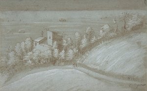 Et hus med dueslag og trær ved havet, 1500-tallet.