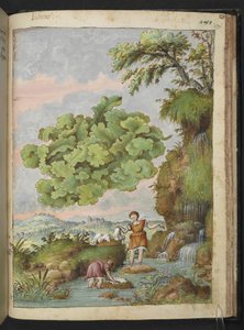 Lav og to kvinner som vasker klær eller pels i et basseng, fra "Paintings of Flora of the Roman States" av Gherardo Cibo, Add MS 22333, f171r, ca. 1564-84 (akvarell og gouache på papir)