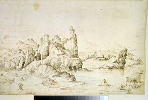 ""Un chateau perche sur une montagne"" (A Castle on a Rock in Mountainscape) Tegning med brunt blekk av Gherardo Cibo (1512-1600) 1540 Pushkin Museum, Moskva
