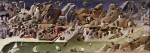 La thebaide des hermits Beskrivelse av livet til eremittene i ørkenen - Detrempe på tre tilskrevet Gherardo Starnina (1300-1400-tallet). 1400 ca. Dim 2x0,8 m Firenze, galleria degli uffizi (Uffizi)