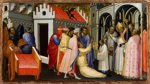 Saint Hugh of Avalon (1140-1200) eller Saint Hugh of Lincoln eksoriserer en mann besatt av djevelen - Saint Hugh of Lincoln eksoriserer en mann besatt av djevelen - Maleri av Gherardo Starnina (ca. 1364-1413) - 1404-1407 - Tempera på panel - 28,4x50,4 -