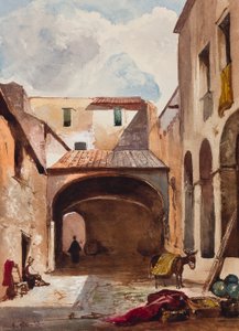Passasje og gate med figurer, med tillegg av en Borbone-elev, muligens prins Alfonso Maria di Borbone (1841-1934), 1853 (blyant, wc og gouache på papir) av Giacinto Gigante