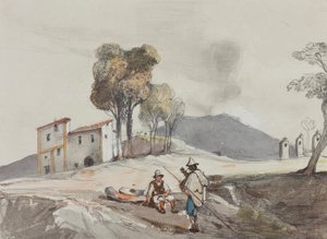 Hyrder med Vesuv i det fjerne, med tillegg av en Borbone-elev (blyant, wc og gouache på papir) av Giacinto Gigante