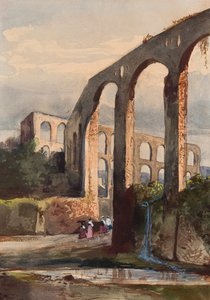 Kvinner under den romerske akvedukten ved Maddaloni, med tillegg av en Borbone-elev, muligens prinsesse Maria Annunziata di Borbone (1843-1871) (blyant, wc og gouache på papir) av Giacinto Gigante