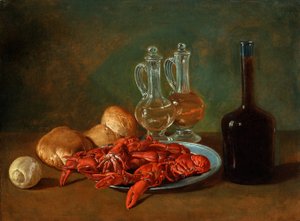 Stilleben med tinnfat, reker, en sitron, glasskrueter, brød og en flaske vin