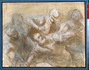 Samson tatt til fange av filisterne Tegning i brunt blekk og vask av Giacomo Cavedone (1577-1660) Rundt 1614 Søn. 0,20 x 0,27m Paris. Museet Louvre