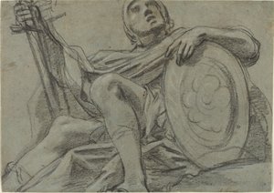 Sittende kriger som holder et sverd og skjold [recto]