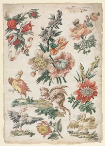 Blomsterdesign med fugler og Griffon, 1784.