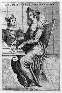 En kurtisane i elegant kjole som spiller piano. Gravering av Giacomo Franco (1550-1620) fra "Venezia, bruk og skikker"", ca 1597.