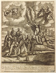 Allegori av Saint League av 1571 fastsatt av pave Pius V, Philip av Spania og Doge av Venezia Alvise Mocenigo, gravering av Giacomo Franco (1556-1620)
