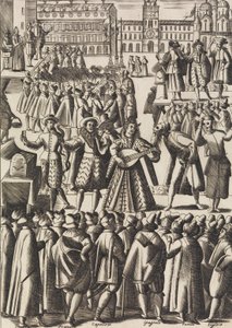Underholdning som sjarlataner gir hver dag på Piazza di S. Marco al Populo ..., ca. 1610. av Giacomo Franco