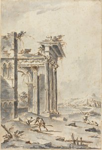 Capriccio av klassiske ruiner på en strand