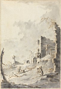 Capriccio av klassiske ruiner med en festning