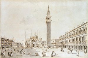 Utsikt over Piazza San Marco med utsikt mot basilikaen og Campanile (penn og blekk med vask på papir)