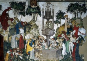 Ungdommens kilde. Detalj: folk ankommer og bader i fontenen. 1418-30