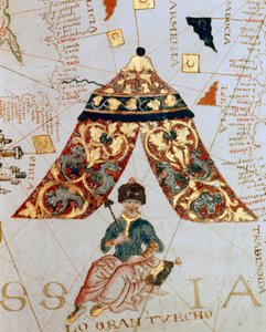 Detalj av et kart av kartografen Giacomo de Maggiolo som viser Sultan Soliman (Suleyman) I sa den storslåtte (1520-1566) kalt "Den store tyrkeren"". Miniatyr. Sjøforsvarsmuseet, Genes
