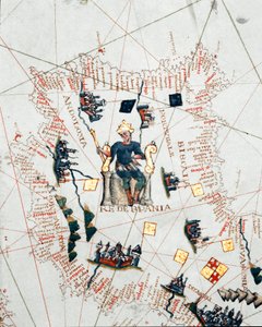 Representasjon av kongen av Spania og kysten av Europa og Nord-Afrika (portulan