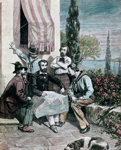 Risorgimento: eksilene på Korfu (Corfu) hvis brødre Attilio Bandiera (1810-1844) og Emilio Bandiera (1819-1844) studerer et italiensk kart for å lage en ekspedisjon. 1884 Gravering av Mantegazza Private Collection