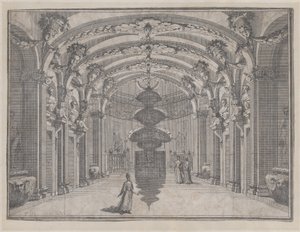 Teaterscene i en stor sal med hvelvet tak og en sentral skulptur, ..., ca. 1687-1717. av Giacomo Maria Giovannini