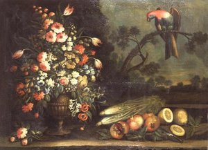 Stilleben, blandede blomster, grønnsaker og papegøye av Giacomo Nani