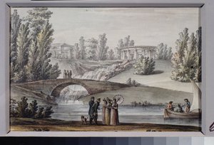 Apollon-tempelet og fossen i Pavlovsk-parken (Sankt Petersburg). Verk av Giacomo Antonio Domenico Quarenghi (1744-1817), blekk og akvarell på papir, rundt 1800. Italiensk kunst