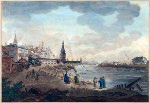 Utsikt over Moskva Kreml tatt fra steinbroen over Moskva (Moskva eller Moskwa). Verk av Giacomo Antonio Domenico Quarenghi (1744-1817), akvarell og blekk på papir, ca. 1790. Italiensk kunst