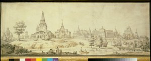 Utsikt over Kolomenskoye-distriktet i Moskva, til venstre Himmelfartskirken - Verk av Giacomo Antonio Domenico Quarenghi (1744-1817)