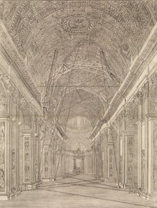 Stillas reist for restaurering av hvelvet i Peterskirken: Oversikt..., ca. 1773. av Giacomo Sangermano