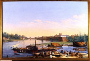 Utsikt over havnen i Pavia (Pavia) på Po og dampbåten Principessa Clementina""""" Maleri av Giacomo Trecourt (1812-1882) 1800-tallet